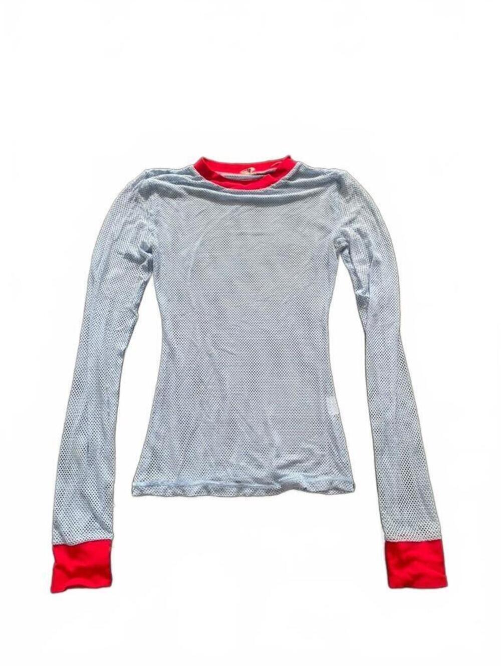 Unif XS Blue Mesh Long Sleeve Top with Red Cuffs and Collar